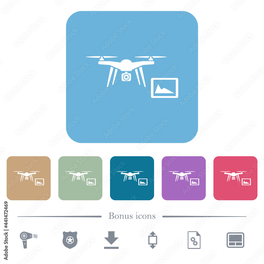 Drone controlling from tablet flat icons on color rounded square backgrounds