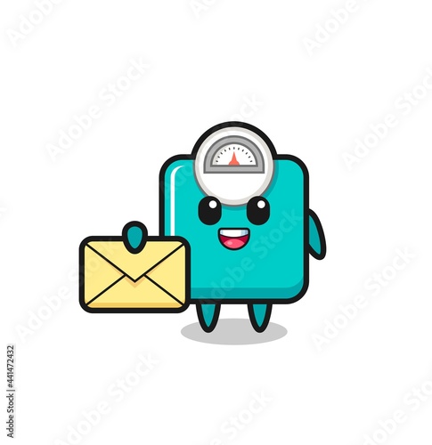 cartoon illustration of weight scale holding a yellow letter