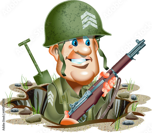 cartoon soldier in fox hole trench