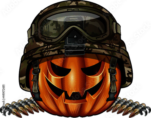 carved halloween pumpkin wearing military helmet and ammunition belt