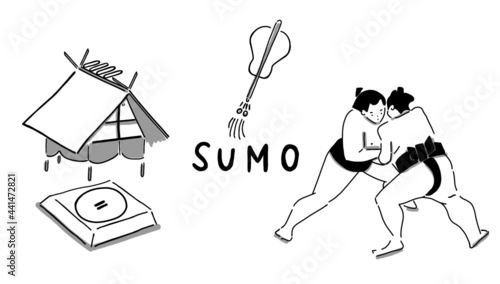 Hand drawn illustration of the Japanese national sports, sumo wrestlers and the stage in simple icon drawing