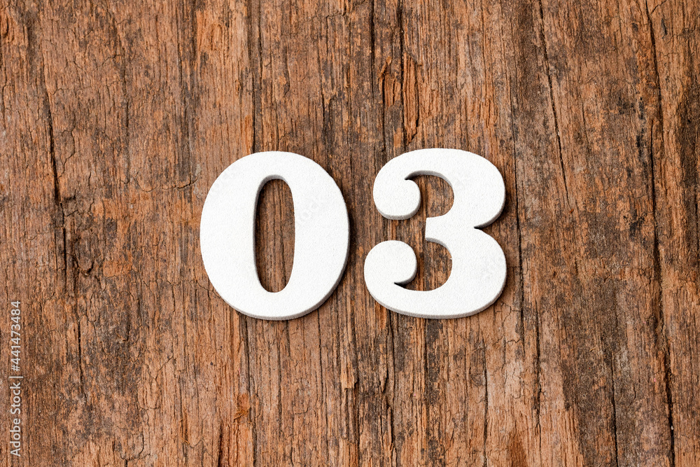 Digit zero three - White numbers on rustic wooden background Digit zero three - White numbers on rustic wooden background