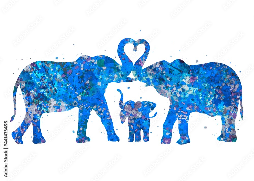 Fototapeta premium Elephant family love Animal blue watercolor art, abstract painting. Watercolor illustration rainbow, colorful, decoration wall art.