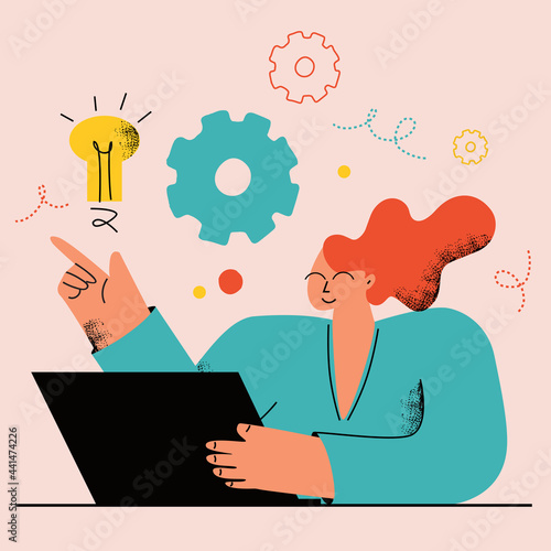 Woman working on laptop, freelance job, creative work, online work, brainstorming and ideas, innovative solutions, education and learning concept. Courses, trainings, tutorials, business start concept