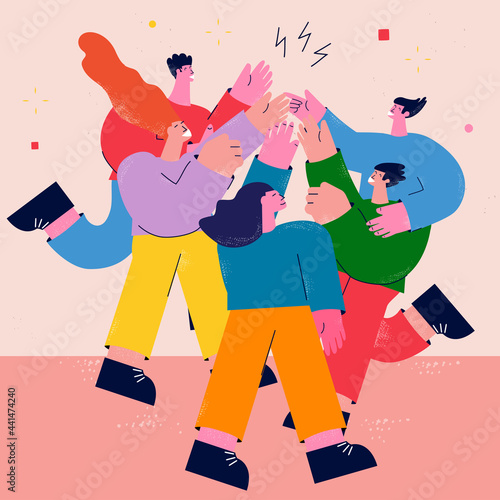 Teamwork, friendship, group of people giving high five flat vector illustration. Business coworkers and colleagues greeting