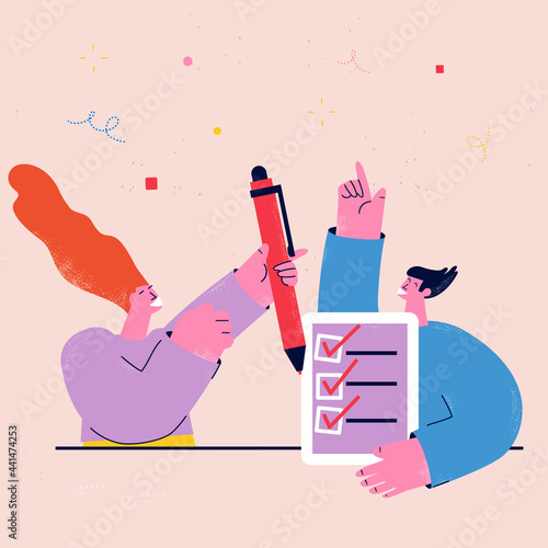 Man with checklist and woman with pencil, teamwork, completed survey, business tasks organization, positive report, questionnaire form concept flat vector illustration. Checklist with tick marks
