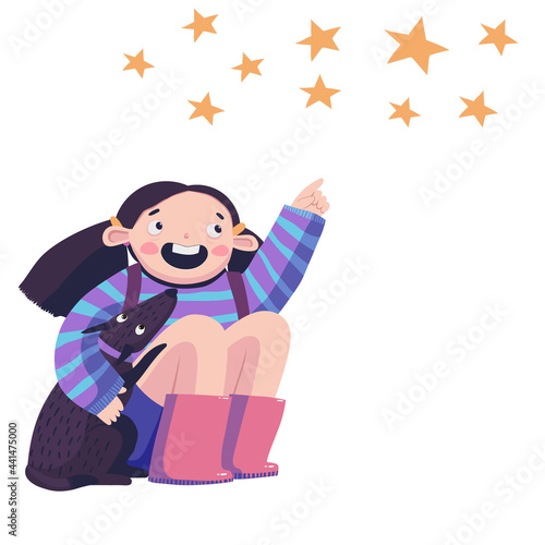 Gilr with a dog looking at the stars vector illustration