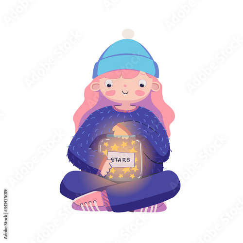 Girl with a jar of shining stars vector illustration