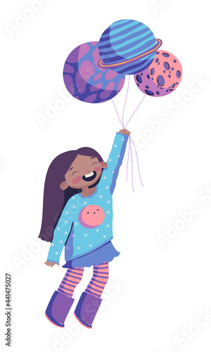 Girl with planet balloons vector illustration