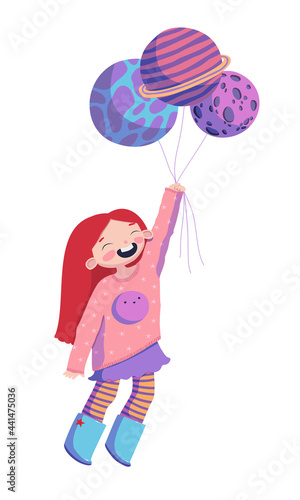 Girl with planet balloons vector illustration