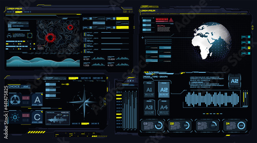 Futuristic dashboard HUD interface. Future frame hologram ui infographic, interactive globe (earth) and cyber sci fi screen FUI.  Data chart, communication and computing digital graphics. Vector