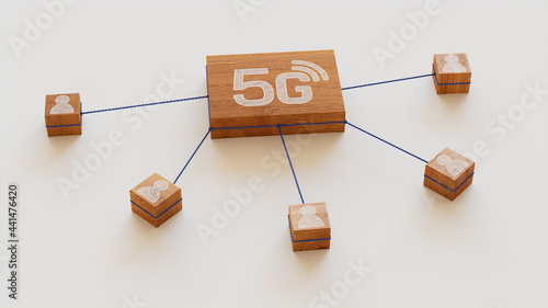 Wireless Technology Concept with 5G Symbol on a Wooden Block. User Network Connections are Represented with Blue string. White background. 3D Render. photo