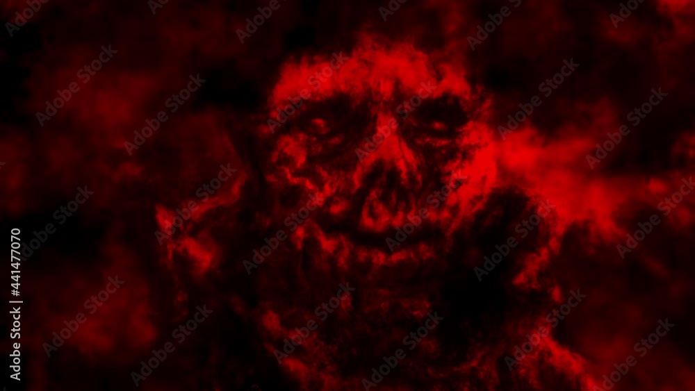 Scary vampire skull creepy smiling. Dark 2D animation in horror fantasy genre. Evil thing face laughing. Spooky character head. Black and red background video clip. Animated backdrop movie. 