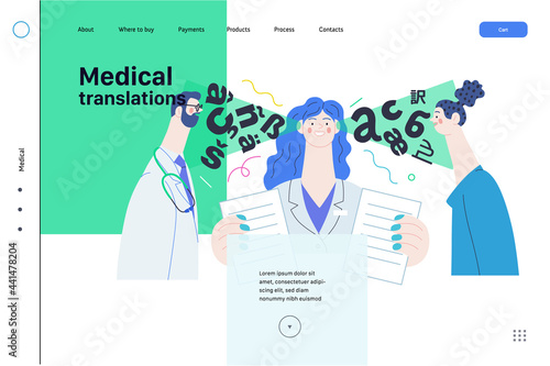 Medical translations - medical insurance web template. Modern flat vector