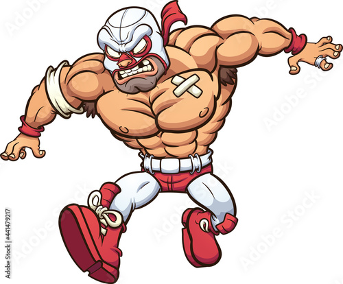 Cartoon Mexican wrestler running with an angry face. Vector clip art illustration with simple gradients. All on a single layer. 
