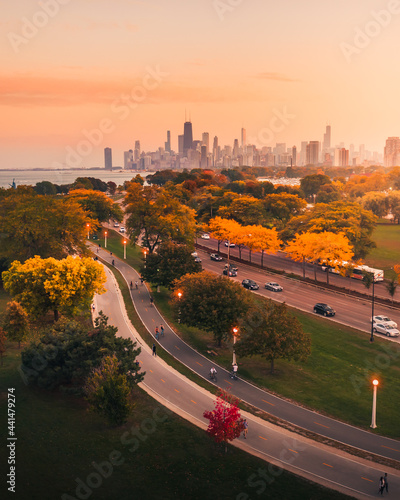 Chicago lakefront trail with Lake shore drive and downtown  photo