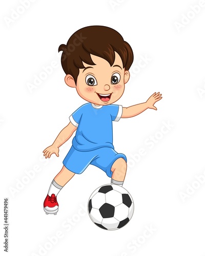 Cartoon little boy playing soccer