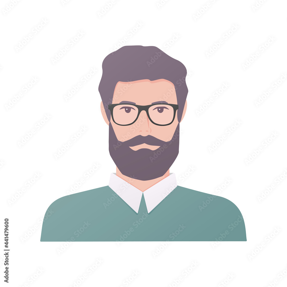 A man with a big beard.  Colored flat illustration. Isolated on white background.