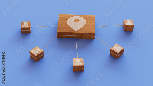 Location Technology Concept with map pin Symbol on a Wooden Block. User Network Connections are Represented with White string. Blue background. 3D Render. photo