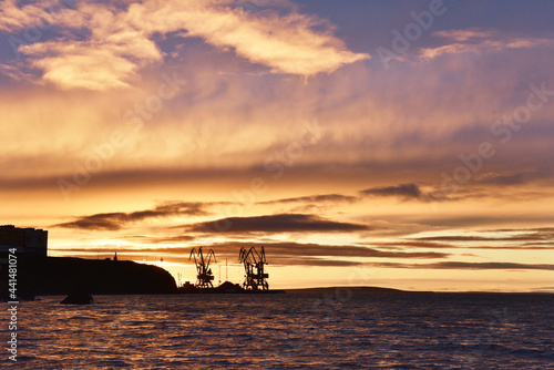Silhouettes of cranes in the sea port against summer sunset