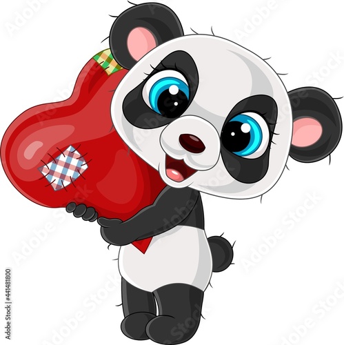 Cartoon little panda holding red heart