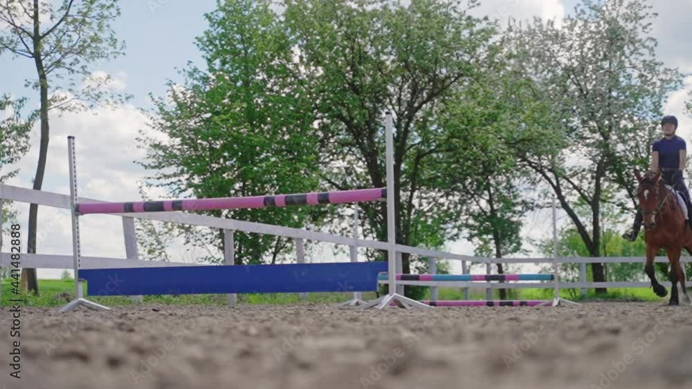 A young female jockey riding on a horse in the sandy parkour with a wooden fence. Equestrian events concept. Competitive woman riding a Horse. Geen trees against a cloudy sky in the background. A young female jockey riding on a horse in the sandy parkour with a wooden fence. Equestrian events concept. Competitive woman riding a Horse. Geen trees against a cloudy sky in the background.