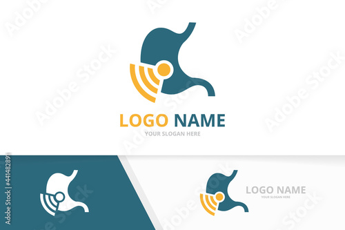 Vector stomach and wifi logo combination. Gastrointestinal tract and signal logotype design template.