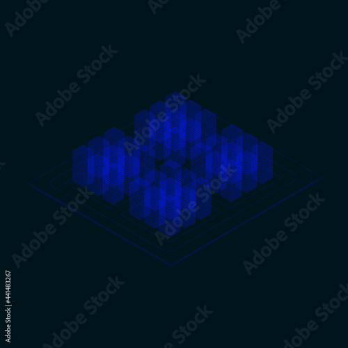 Abstract background with a wireframe of multi-storey buildings made of blue lines on a dark background. Isometric view. Vector illustration