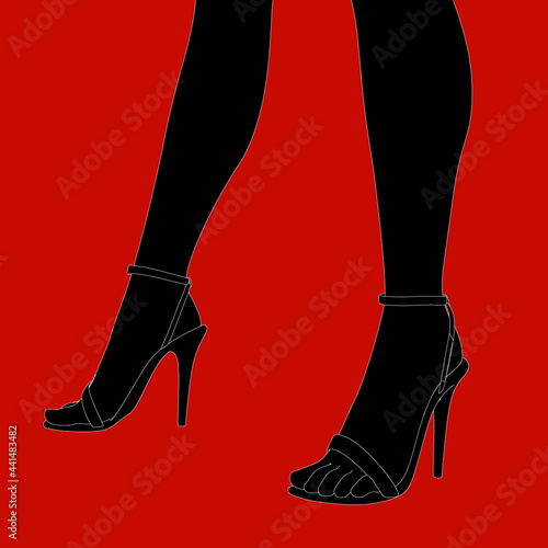 Silhouette of female legs in high-heeled shoes isolated on a red background. Vector illustration