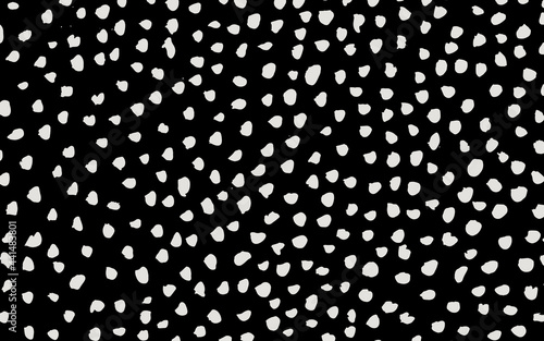 Randomly placed polka dots, hand drawn spots seamless vector pattern. Scattered big and small circles, points in various sizes. Background. Decorative black and white design tiles.