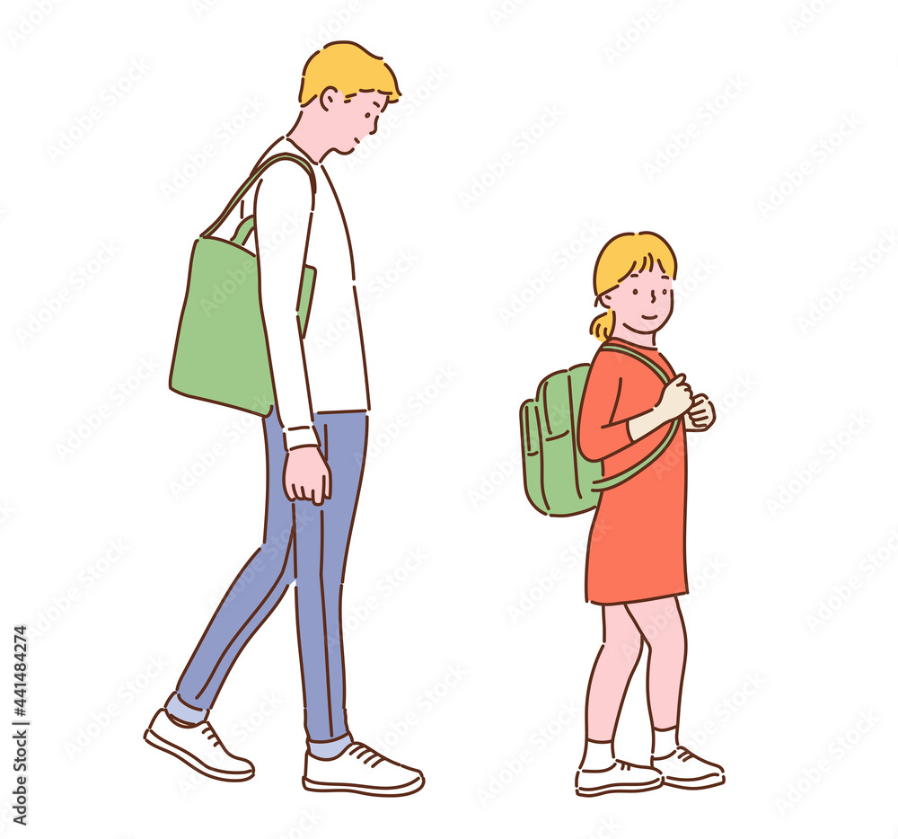 A man and a girl with green bags. hand drawn style vector design illustrations. A man and a girl with green bags. hand drawn style vector design illustrations.