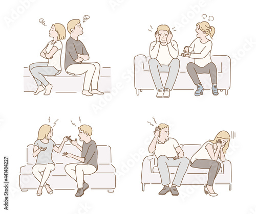 A couple is sitting on the sofa and arguing. hand drawn style vector design illustrations. 