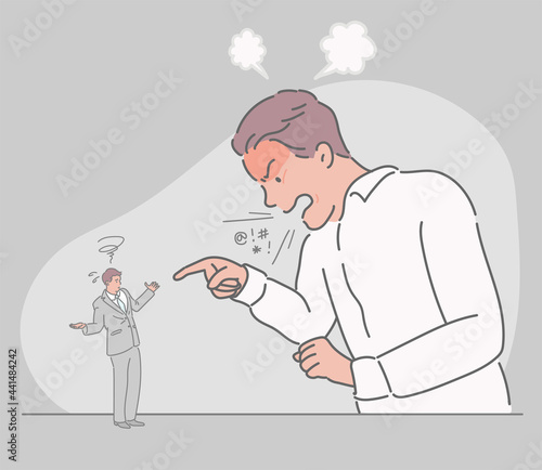 An angry giant boss and a small subordinate. hand drawn style vector design illustrations. 