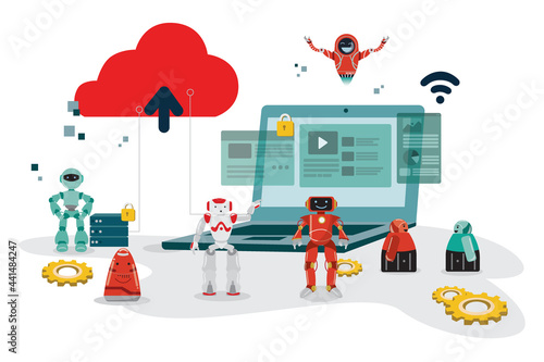 Flat illustration Robots working together in a business enterprise, a technology of the future that will help business owners with a shortage of employees.