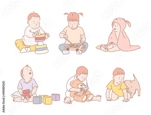 Babies playing with toys. hand drawn style vector design illustrations. 