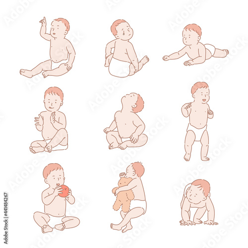 Cute baby poses. hand drawn style vector design illustrations. 