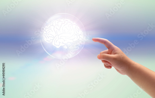 Child's hand holding digital image of brains, Concept of creative thinking ideas and innovation, successful, scholarship. education support.