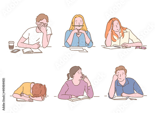 Students look bored while studying. hand drawn style vector design illustrations. 