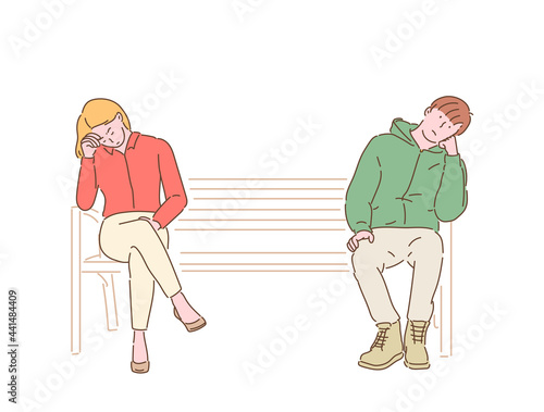 A man and a woman are sitting at both ends of a bench, looking bored. hand drawn style vector design illustrations. 