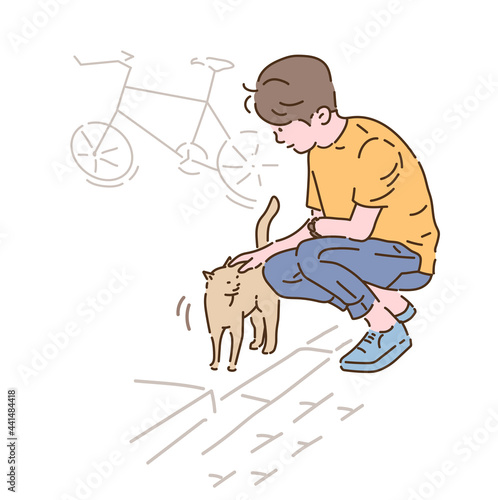 A boy is petting a cat he met on the street. hand drawn style vector design illustrations. 