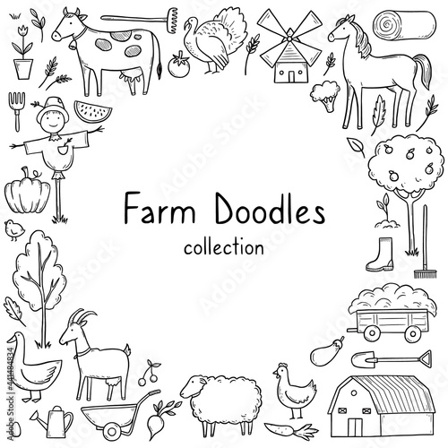 Hand drawn frame with farm animal, horse, cow, farmer food element. Doodle sketch style. Agriculture life background, frame. Isolated vector illustration.