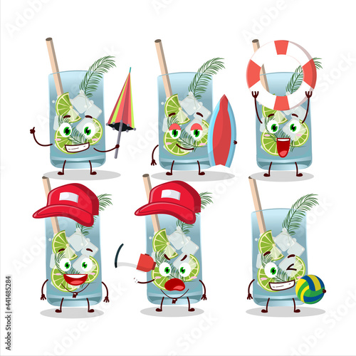 Happy Face gin tonic cartoon character playing on a beach