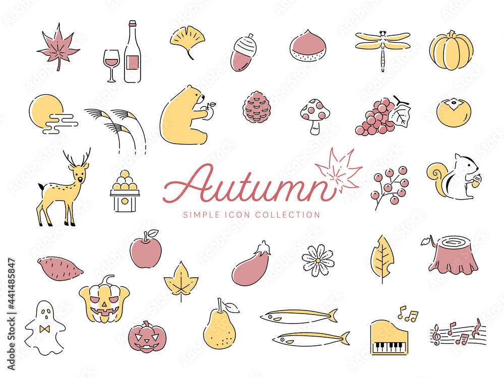 秋のシンプルな線画イラストアイコンセット01 2色 紅葉 食べ物 動物 花 果物 Stock ベクター Adobe Stock