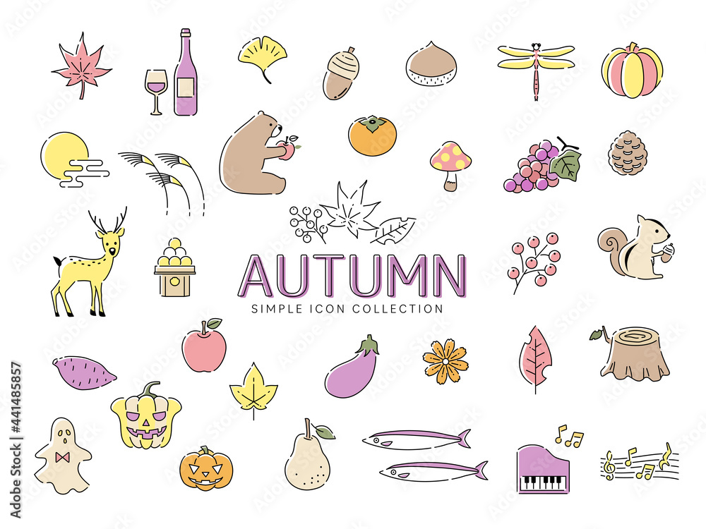 秋のシンプルな線画イラストアイコンセット03 カラフル 紅葉 食べ物 動物 花 果物 Stock Vector Adobe Stock