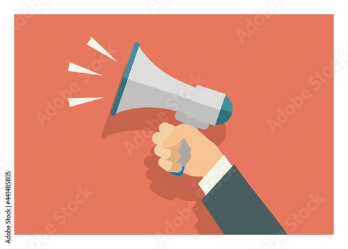 Hand holding loud speaker with sound illustration