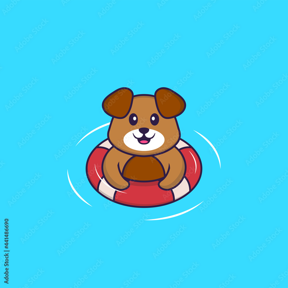 Cute dog is Swimming with a buoy. Animal cartoon concept isolated. Can used for t-shirt, greeting card, invitation card or mascot. Flat Cartoon Style Cute dog is Swimming with a buoy. Animal cartoon concept isolated. Can used for t-shirt, greeting card, invitation card or mascot. Flat Cartoon Style