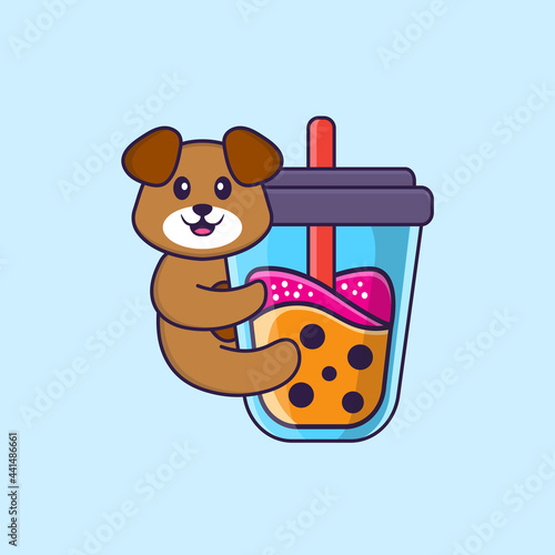 Cute dog Drinking Boba milk tea. Animal cartoon concept isolated. Can used for t-shirt, greeting card, invitation card or mascot. Flat Cartoon Style