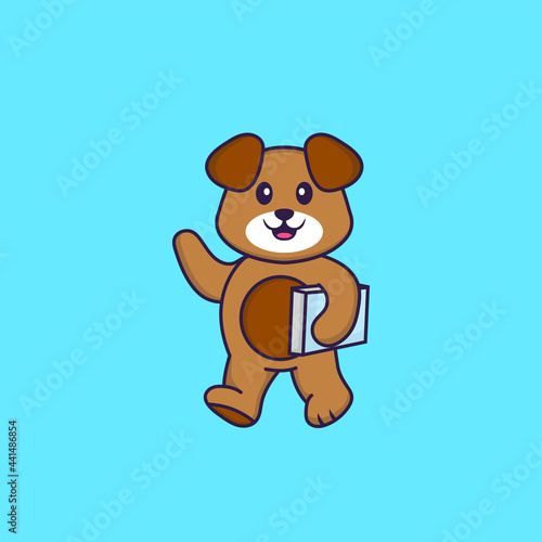 Cute dog holding a book. Animal cartoon concept isolated. Can used for t-shirt  greeting card  invitation card or mascot. Flat Cartoon Style