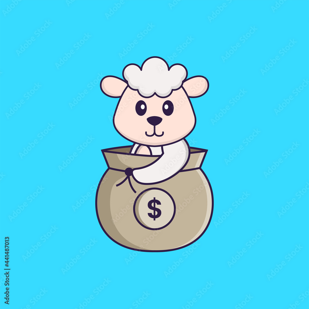 Cute sheep in a money bag. Animal cartoon concept isolated. Can used for t-shirt, greeting card, invitation card or mascot. Flat Cartoon Style