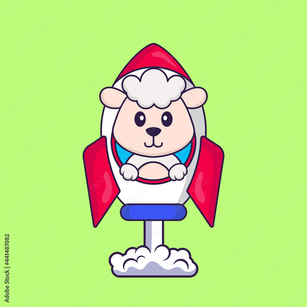 Cute sheep flying on rocket. Animal cartoon concept isolated. Can used for t-shirt, greeting card, invitation card or mascot. Flat Cartoon Style Cute sheep flying on rocket. Animal cartoon concept isolated. Can used for t-shirt, greeting card, invitation card or mascot. Flat Cartoon Style